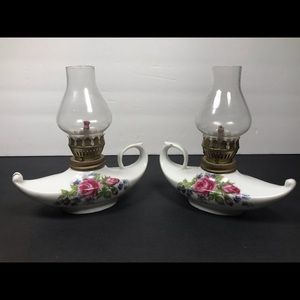 Two Aladdin Finger Style Oil Lamps Roses Japan
